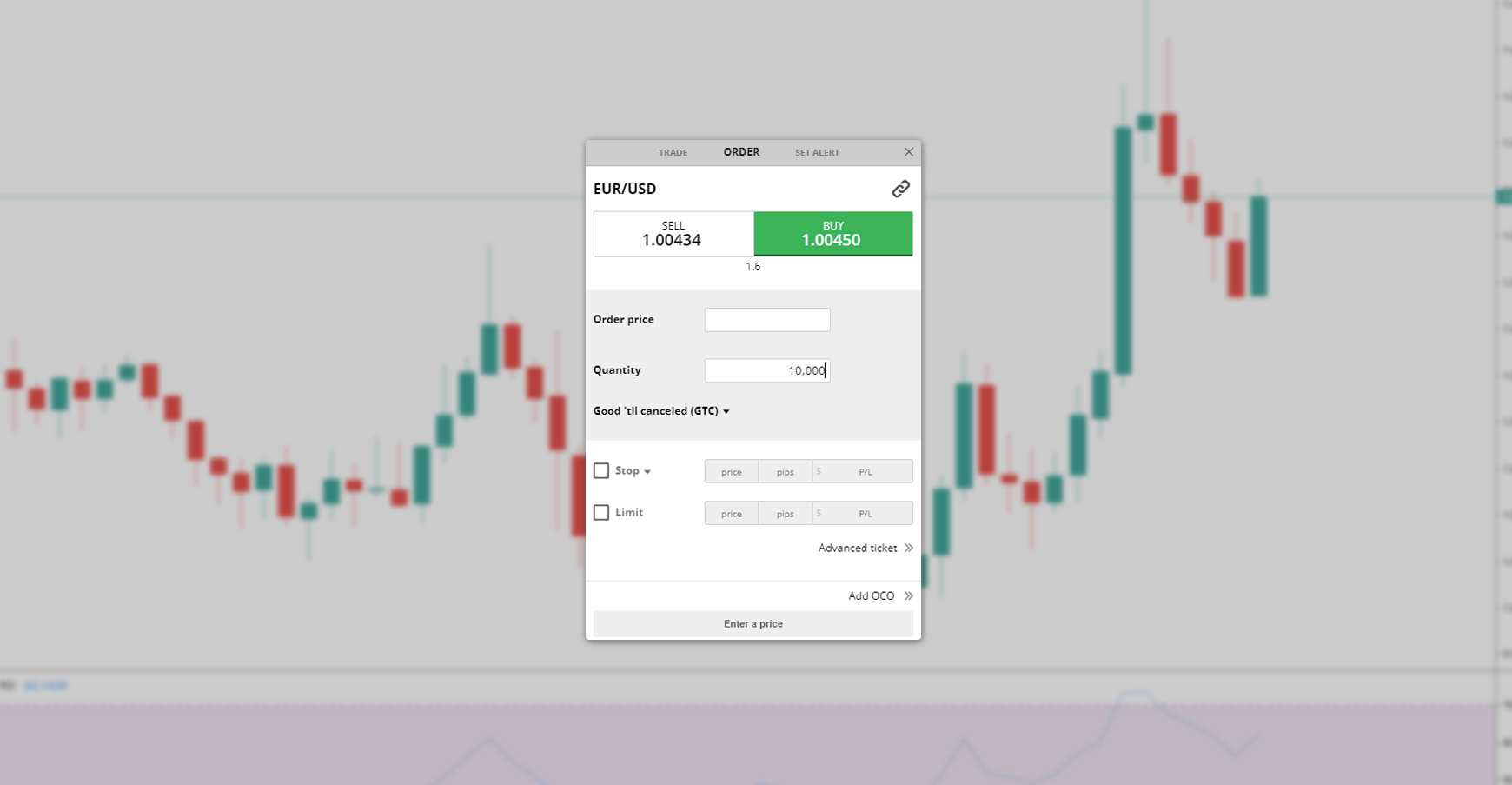 Placing a trade for EUR/USD in the FOREX.com web platform