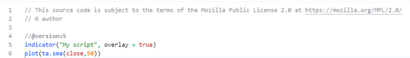 Screenshot of pine script in Trading View with a 50 SMA input