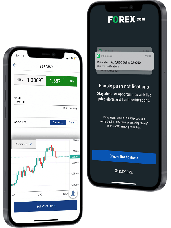 Two mobile phones showing how to set pricing alerts and push notifications