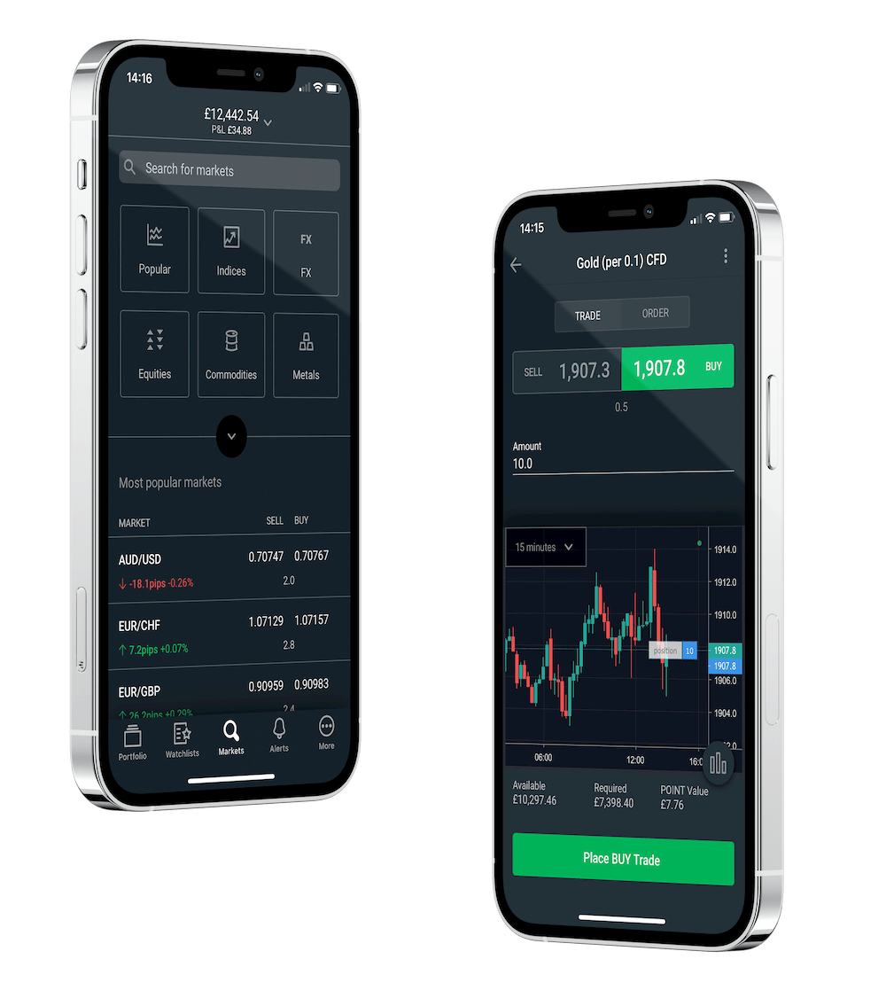 2 mobile phones showing trading app and Gold screens